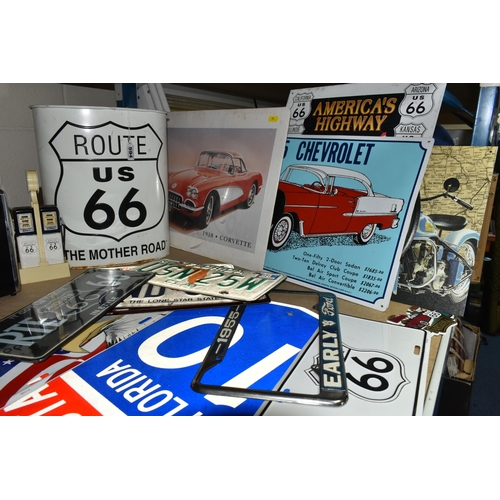 594 - A COLLECTION OF MODERN REPRODUCTION AMERICAN STYLE ROUTE 66 SIGNS, METAL AUTOMOBILE PRINTS, SERVIETT... 