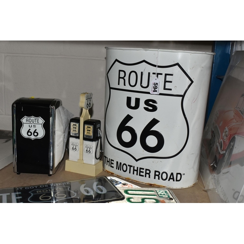 594 - A COLLECTION OF MODERN REPRODUCTION AMERICAN STYLE ROUTE 66 SIGNS, METAL AUTOMOBILE PRINTS, SERVIETT... 