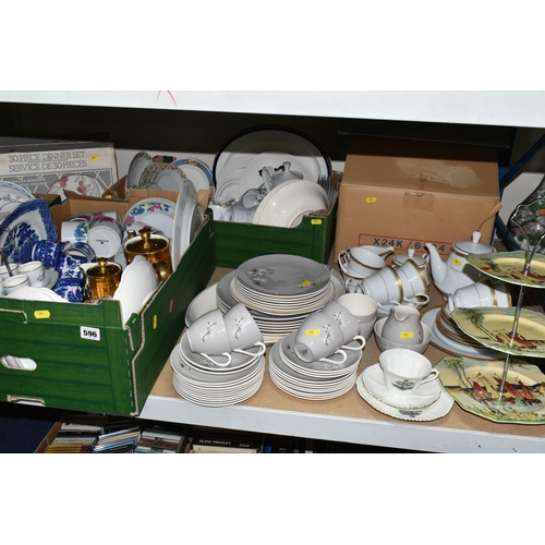 596 - THREE AND LOOSE CERAMICS, including a quantity of Doulton & Co dinnerware, Royal Worcester gold lust... 