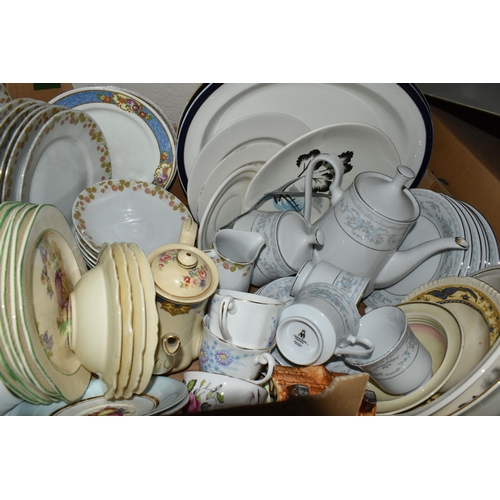 596 - THREE AND LOOSE CERAMICS, including a quantity of Doulton & Co dinnerware, Royal Worcester gold lust... 