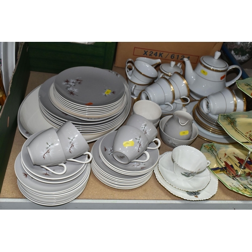 596 - THREE AND LOOSE CERAMICS, including a quantity of Doulton & Co dinnerware, Royal Worcester gold lust... 