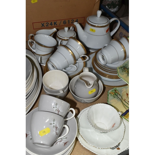 596 - THREE AND LOOSE CERAMICS, including a quantity of Doulton & Co dinnerware, Royal Worcester gold lust... 