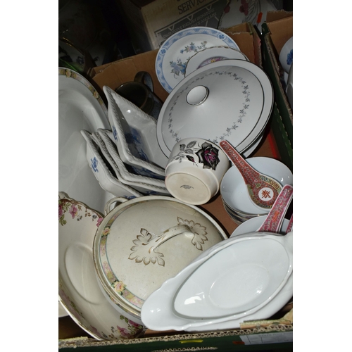 596 - THREE AND LOOSE CERAMICS, including a quantity of Doulton & Co dinnerware, Royal Worcester gold lust... 