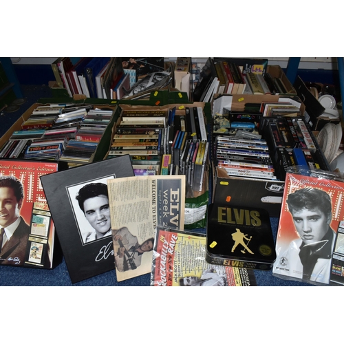 597 - FIVES BOXES OF ASSORTED DVDS, CDS, VHS CASSETTES AND ASSORTED BOOKS, including Elvis Presley present... 