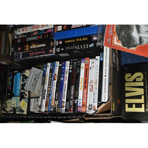 597 - FIVES BOXES OF ASSORTED DVDS, CDS, VHS CASSETTES AND ASSORTED BOOKS, including Elvis Presley present... 