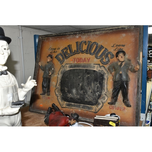 598 - EIGHT PIECES OF LAUREL AND HARDY MEMORABILIA, including two Laurel and Hardy 50cm ceramic figures, t... 