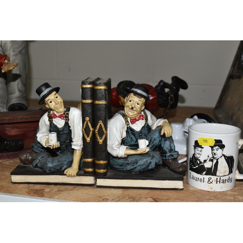 598 - EIGHT PIECES OF LAUREL AND HARDY MEMORABILIA, including two Laurel and Hardy 50cm ceramic figures, t... 