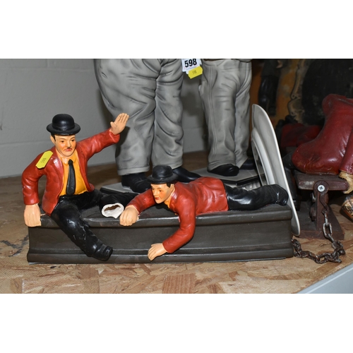 598 - EIGHT PIECES OF LAUREL AND HARDY MEMORABILIA, including two Laurel and Hardy 50cm ceramic figures, t... 