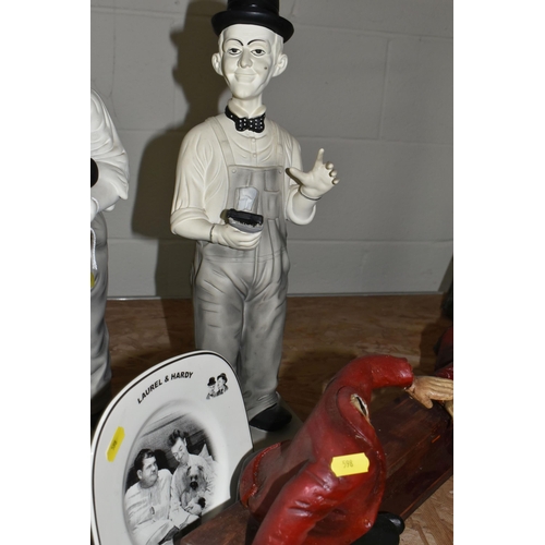 598 - EIGHT PIECES OF LAUREL AND HARDY MEMORABILIA, including two Laurel and Hardy 50cm ceramic figures, t... 