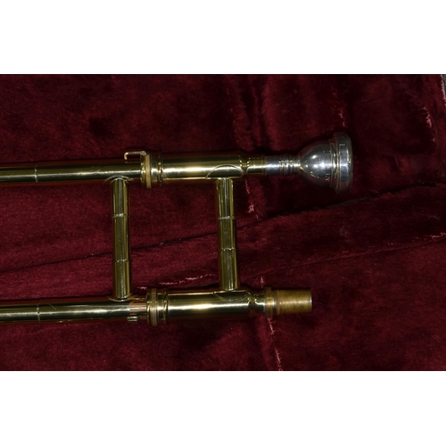 601 - BOOSEY AND HAWKES TROMBONE 400 WITH LEATHER EFFECT CARRY CASE, trombone serial no 84590, model numbe... 