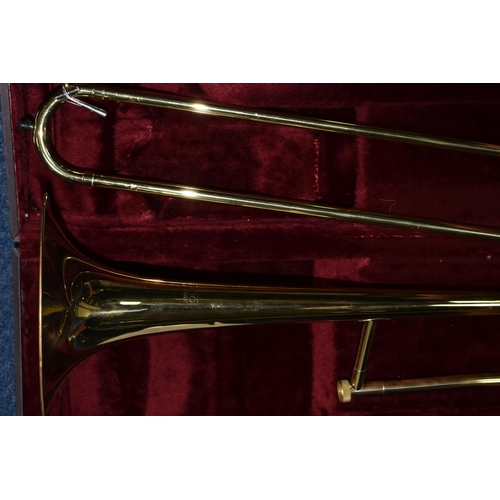 601 - BOOSEY AND HAWKES TROMBONE 400 WITH LEATHER EFFECT CARRY CASE, trombone serial no 84590, model numbe... 