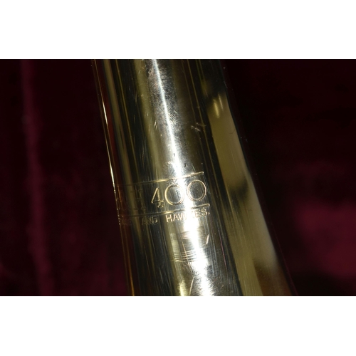 601 - BOOSEY AND HAWKES TROMBONE 400 WITH LEATHER EFFECT CARRY CASE, trombone serial no 84590, model numbe... 