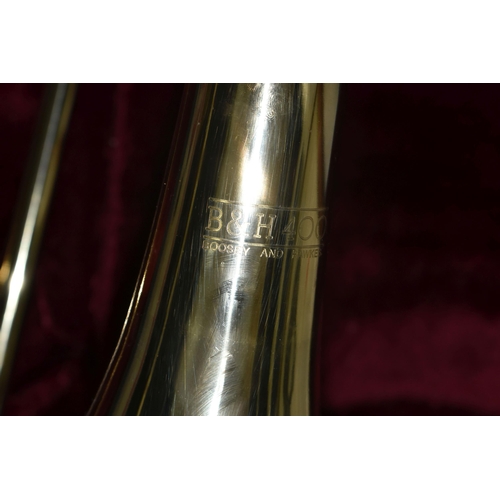 601 - BOOSEY AND HAWKES TROMBONE 400 WITH LEATHER EFFECT CARRY CASE, trombone serial no 84590, model numbe... 