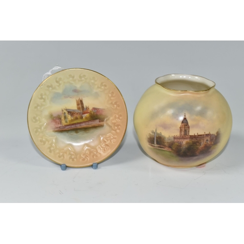 603 - A ROYAL WORCESTER POSY VASE AND PIN DISH, comprising an unsigned posy vase decorated with Birmingham... 