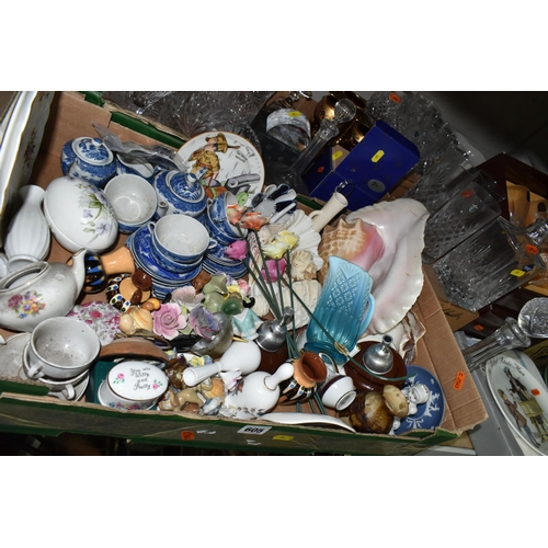 605 - THREE BOXES AND LOOSE OF CERAMICS AND GLASSWARE, ETC, to include five Bohemian wine glasses with flo... 