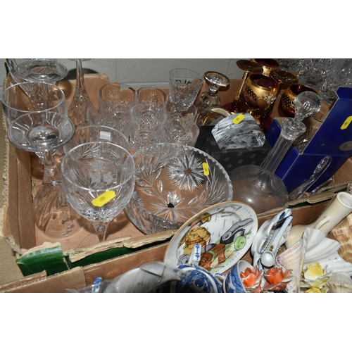 605 - THREE BOXES AND LOOSE OF CERAMICS AND GLASSWARE, ETC, to include five Bohemian wine glasses with flo... 