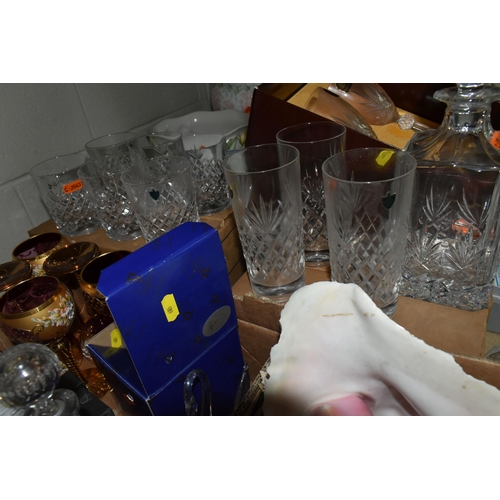 605 - THREE BOXES AND LOOSE OF CERAMICS AND GLASSWARE, ETC, to include five Bohemian wine glasses with flo... 