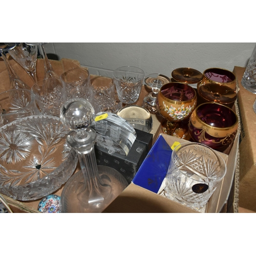 605 - THREE BOXES AND LOOSE OF CERAMICS AND GLASSWARE, ETC, to include five Bohemian wine glasses with flo... 