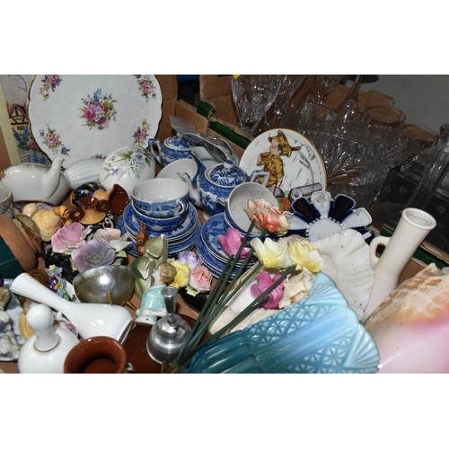 605 - THREE BOXES AND LOOSE OF CERAMICS AND GLASSWARE, ETC, to include five Bohemian wine glasses with flo... 