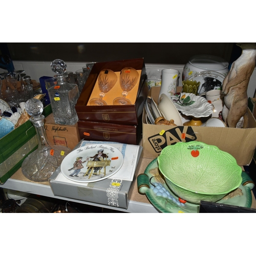 605 - THREE BOXES AND LOOSE OF CERAMICS AND GLASSWARE, ETC, to include five Bohemian wine glasses with flo... 