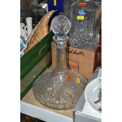 605 - THREE BOXES AND LOOSE OF CERAMICS AND GLASSWARE, ETC, to include five Bohemian wine glasses with flo... 