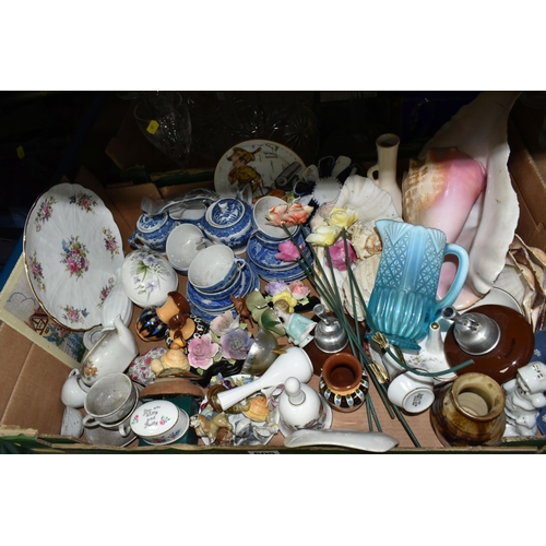 605 - THREE BOXES AND LOOSE OF CERAMICS AND GLASSWARE, ETC, to include five Bohemian wine glasses with flo... 