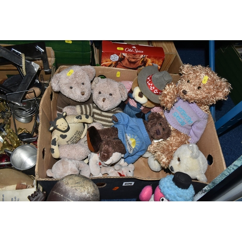 606 - FIVE BOXES, TWO CASES AND LOOSE METALWARES, SOFT TOYS AND HOUSEHOLD SUNDRIES, to include filing boxe... 