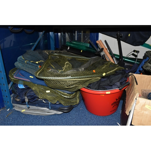 607 - A QUANTITY OF FISHING ACCESSORIES ETC, to include seat boxes, trolley, platform, clothing including ... 