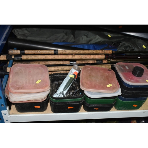 607 - A QUANTITY OF FISHING ACCESSORIES ETC, to include seat boxes, trolley, platform, clothing including ... 