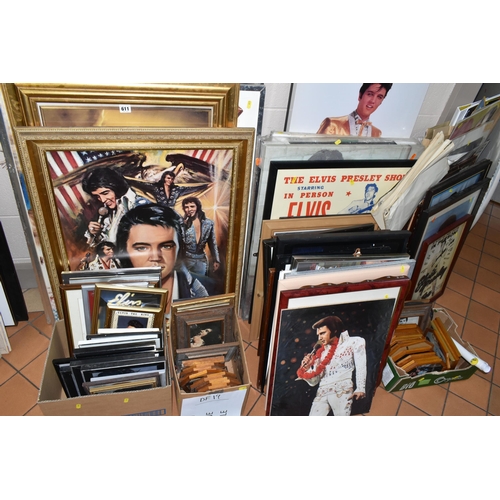 611 - A LARGE QUANTITY OF ELVIS MEMORABILIA, to include prints, posters, mirrors and reproduction concert ... 