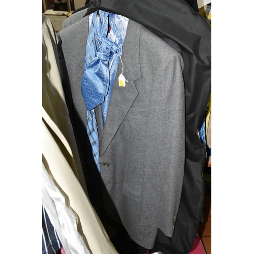 615 - ONE BOX AND A QUANTITY OF GENTLEMENS CLOTHING, to include jackets, suits, waistcoats, shirts and sho... 