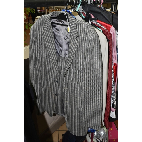 615 - ONE BOX AND A QUANTITY OF GENTLEMENS CLOTHING, to include jackets, suits, waistcoats, shirts and sho... 