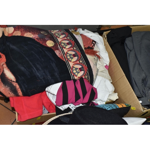 617 - SEVEN BOXES AND TWO CASES OF HATS, CLOTHING AND SUNDRIES, to include a fur throw, a large collection... 