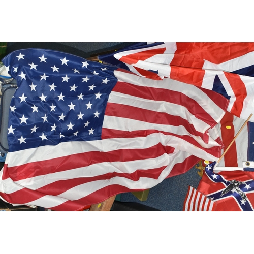 436 - A GROUP OF REPRODUCTION AMERICAN FLAGS, three large U.S.A flags and one Union Jack flag and a small ... 