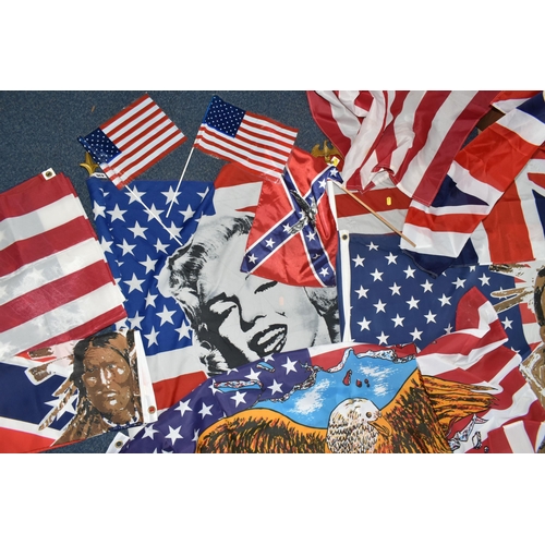 436 - A GROUP OF REPRODUCTION AMERICAN FLAGS, three large U.S.A flags and one Union Jack flag and a small ... 