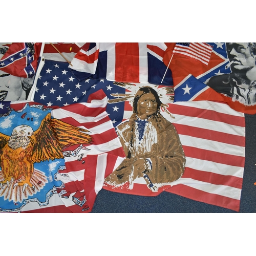 436 - A GROUP OF REPRODUCTION AMERICAN FLAGS, three large U.S.A flags and one Union Jack flag and a small ... 