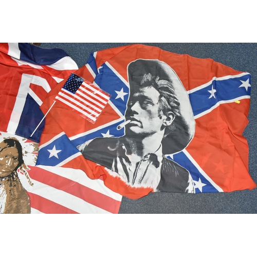 436 - A GROUP OF REPRODUCTION AMERICAN FLAGS, three large U.S.A flags and one Union Jack flag and a small ... 