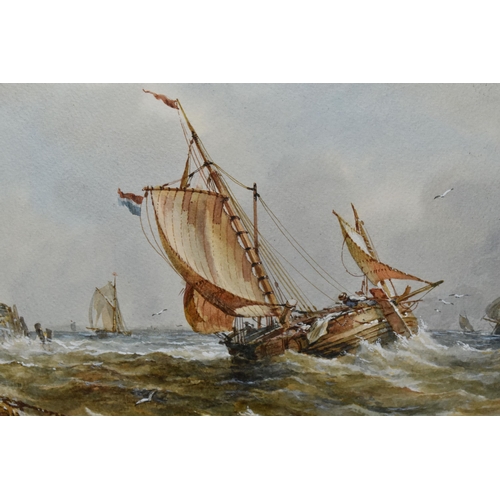 633 - ANTHONY EDWARD SWAN (1935-?) FISHING BOATS OFF THE COAST IN CHOPPY WATERS, a 19th century style mari... 