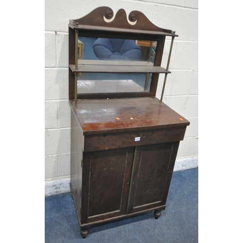 1200 - A REGENCY MAHOGANY CHIFFONIER, the raised back with twin swan neck pediment, two shelves and a mirro... 