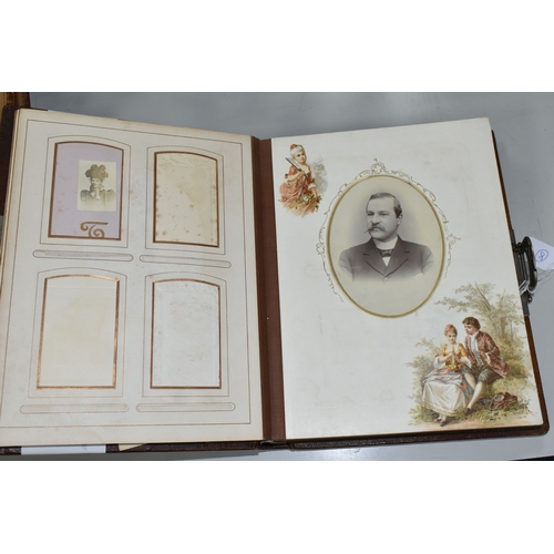 472 - A VICTORIAN MUSICAL PHOTOGRAPH ALBUM, leather bound, brass clasped, embossed gilded boards and gilt ... 