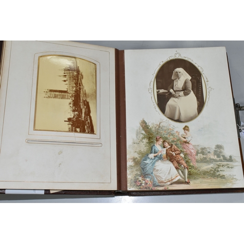 472 - A VICTORIAN MUSICAL PHOTOGRAPH ALBUM, leather bound, brass clasped, embossed gilded boards and gilt ... 