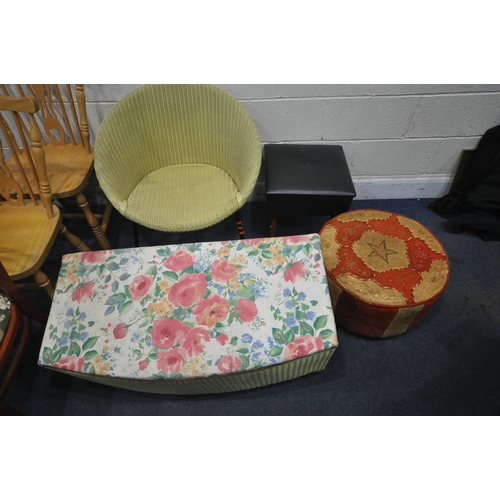 1206 - A PAIR OF BEECH SPLAT BACK CHAIRS, another chair, a green painted wicker chair, a similar ottoman, a... 