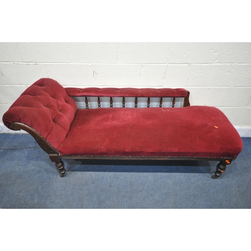 1227 - AN EDWARDIAN MAHOGANY CHAISE LOUNGE, with burgundy buttoned upholstery, length 187cm x depth 62cm x ... 