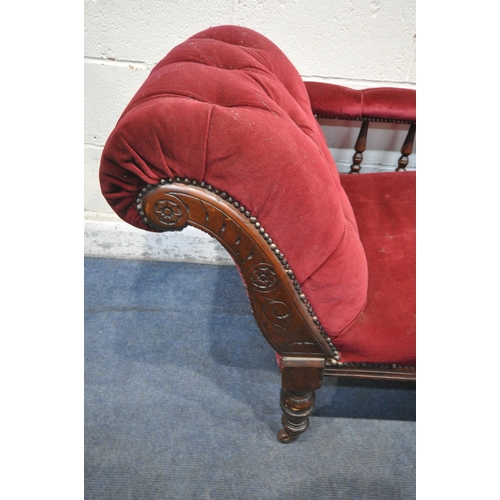 1227 - AN EDWARDIAN MAHOGANY CHAISE LOUNGE, with burgundy buttoned upholstery, length 187cm x depth 62cm x ... 