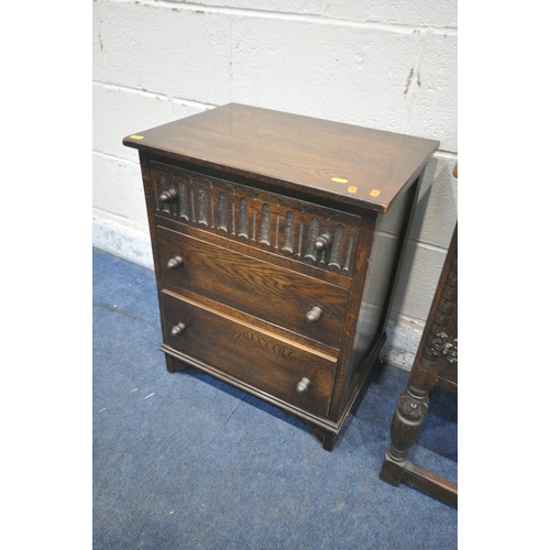 1244 - A CARVED OAK SINGLE DOOR CABINET, with three drawers, width 65cm x depth 38cm x height 73cm, and an ... 