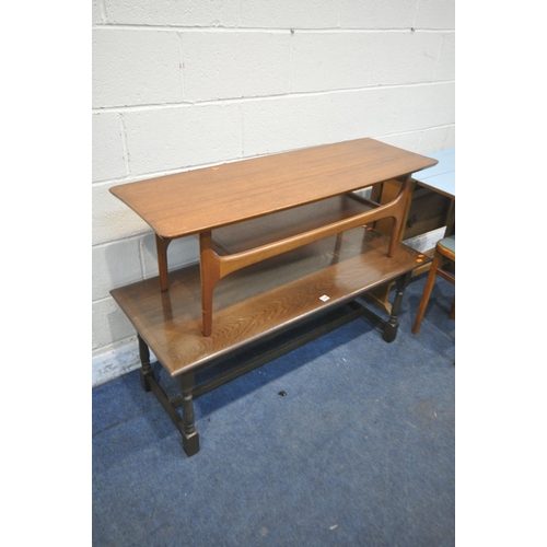 1246 - A MID CENTURY PALE BLUE FORMICA TOP GATE LEG TABLE, and two stools, along with an oak coffee table a... 