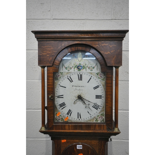 1249 - A 19TH CENTURY OAK 30 HOUR LONGCASE CLOCK, the box hood with cylindrical pillars, flanking a glazed ... 