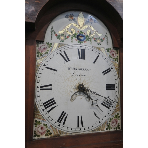 1249 - A 19TH CENTURY OAK 30 HOUR LONGCASE CLOCK, the box hood with cylindrical pillars, flanking a glazed ... 