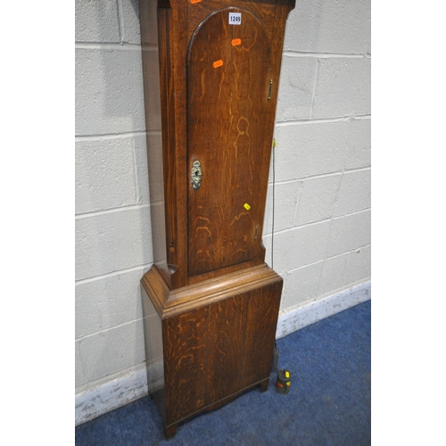 1249 - A 19TH CENTURY OAK 30 HOUR LONGCASE CLOCK, the box hood with cylindrical pillars, flanking a glazed ... 