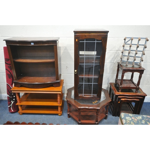 1253 - A SELECTION OF OCCASIONAL FURNITURE, to include a bowfront open bookcase, two other bookcases, singl... 